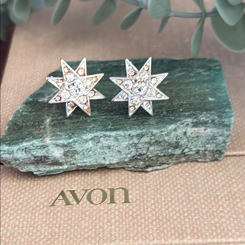 Celestial 8-Point Star Silver and Gold Tone Rhinestones Earrings | Avon NIB 84